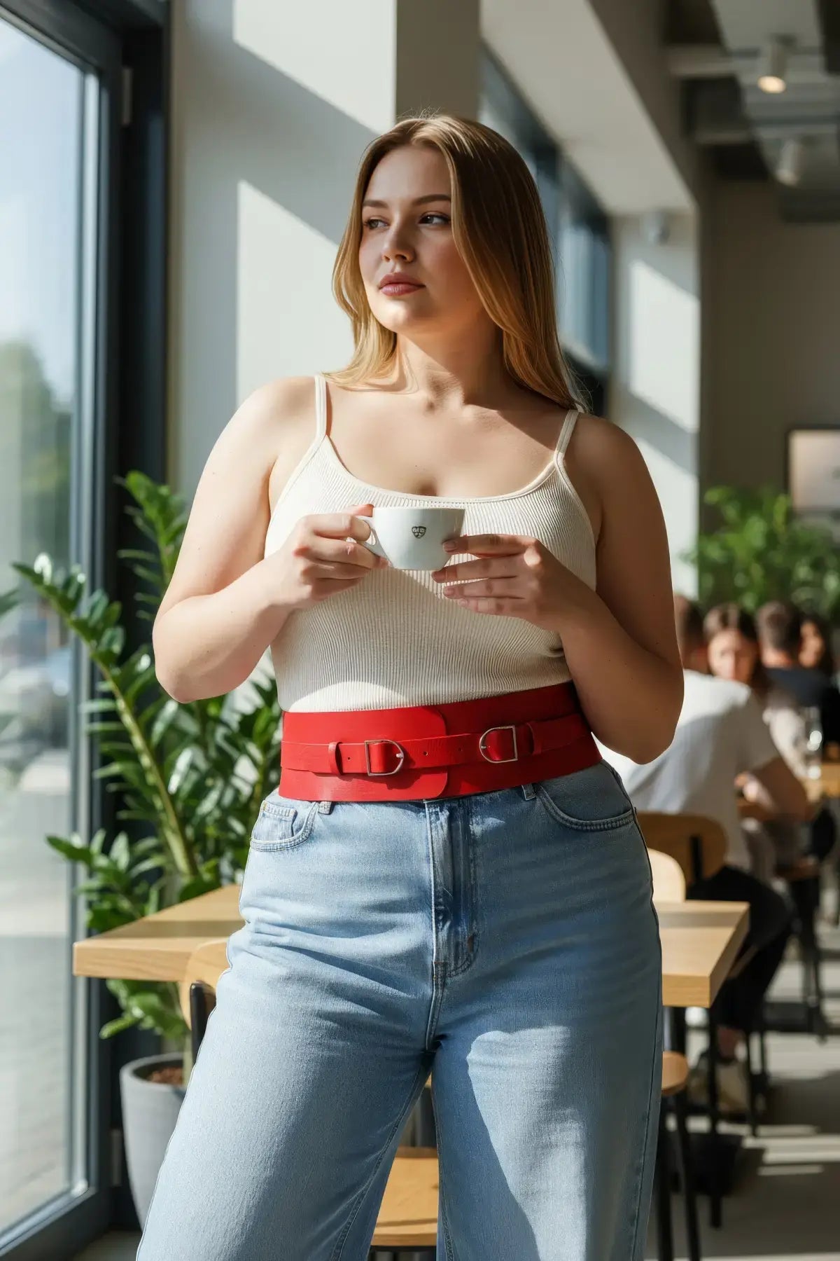 Plus Size Red Wide Corset-Look Double-Buckle Belt