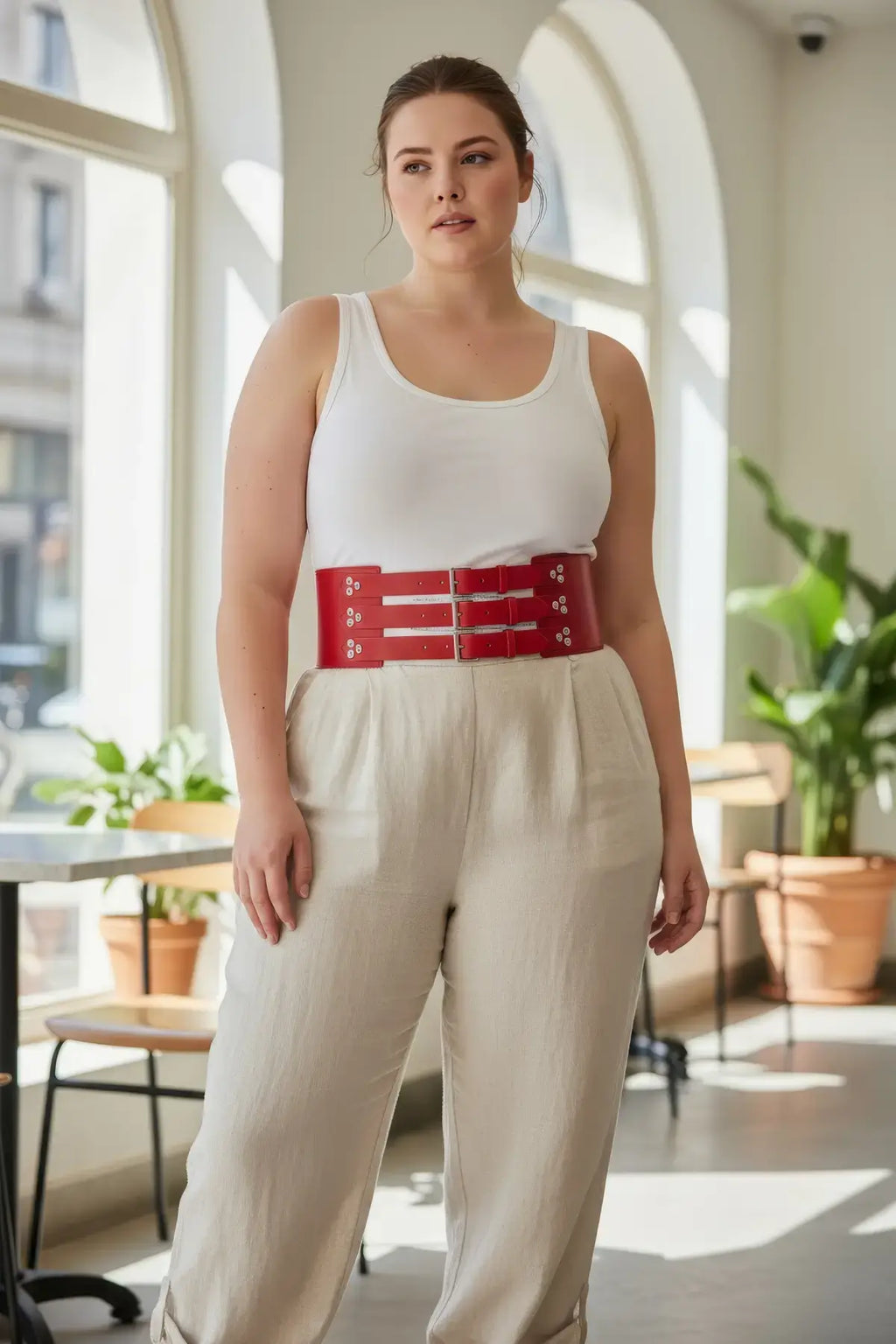 Plus Size Red Wide Multi-Buckle Corset Leather Belt