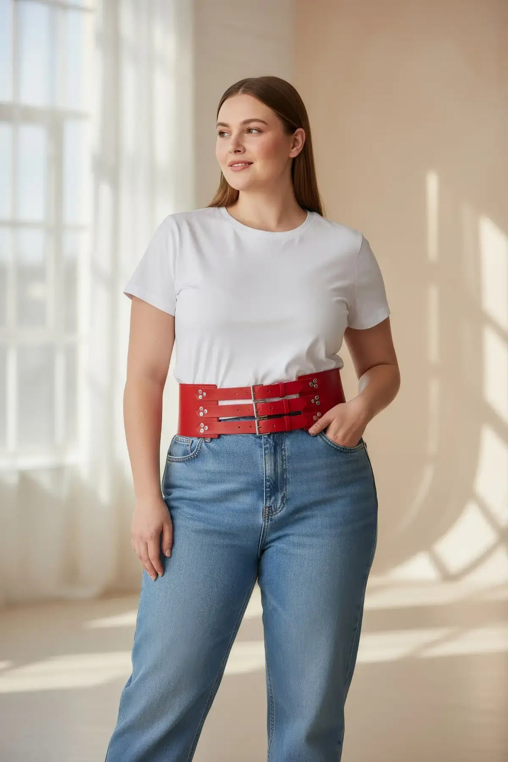 Plus Size Red Wide Multi-Buckle Corset Leather Belt