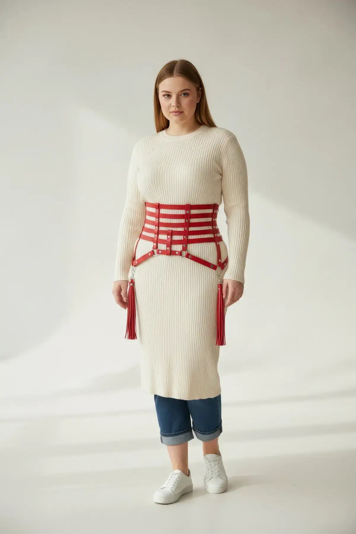 Plus Size Red Multi-Strap Corset Belt with Tassels | Vegan Leather Waist Accessory