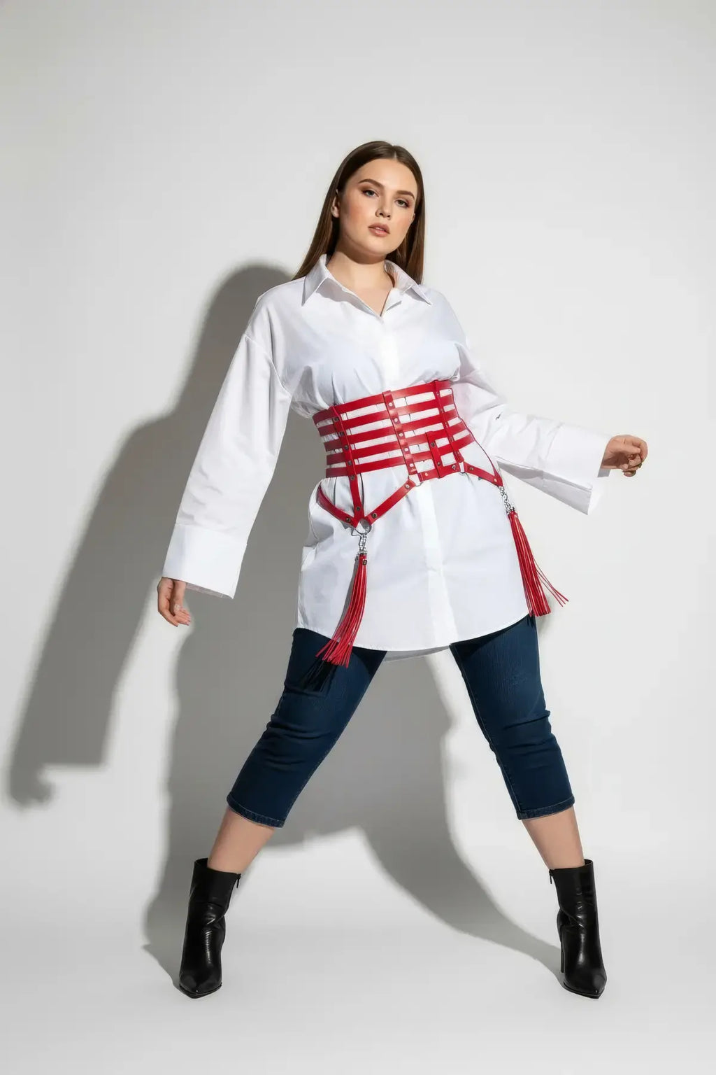 Plus Size Red Multi-Strap Corset Belt with Tassels | Vegan Leather Waist Accessory