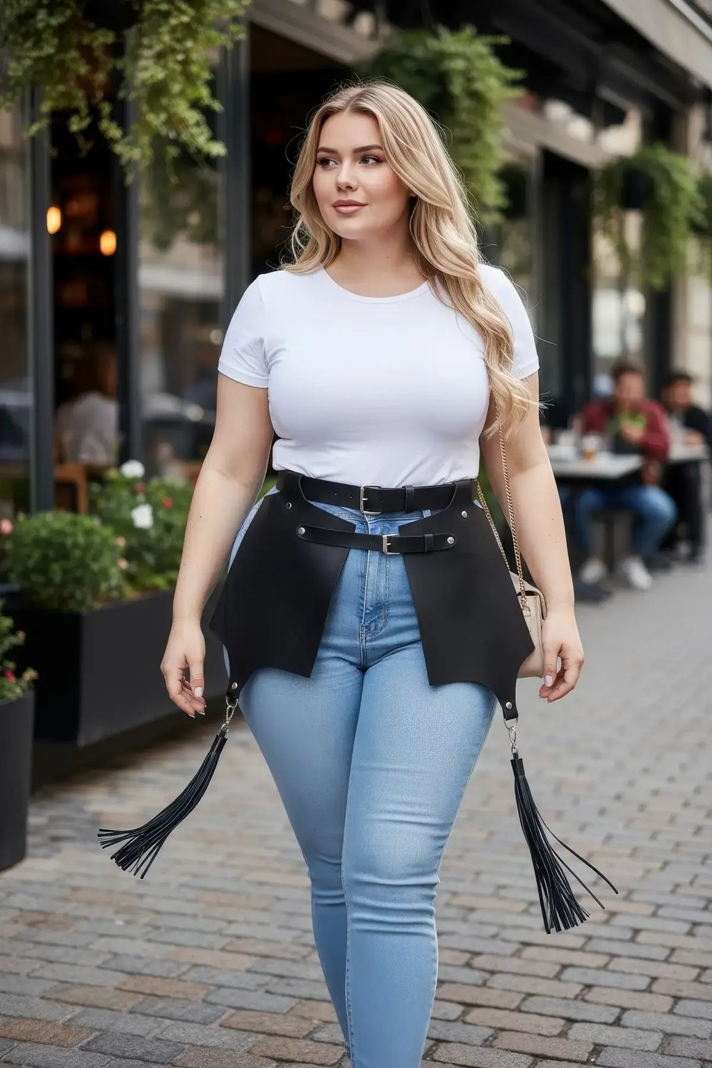 Plus Size Black Corset-Style Leather Belt with Tassel Skirt Detail