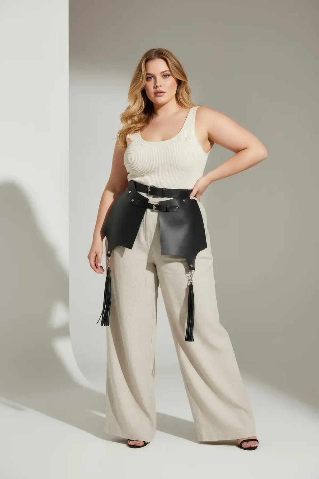 Plus Size Black Corset-Style Leather Belt with Tassel Skirt Detail