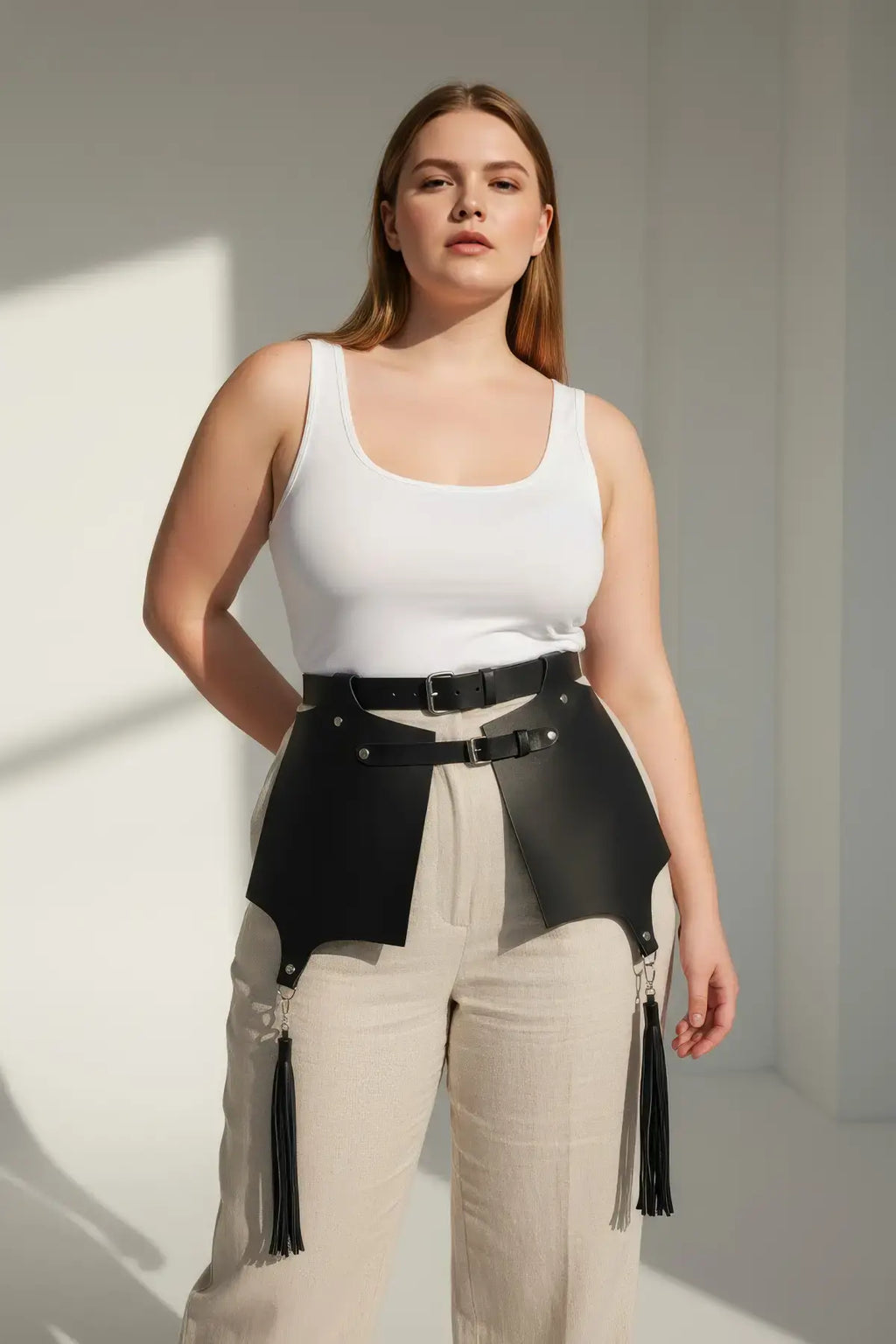Plus Size Black Corset-Style Leather Belt with Tassel Skirt Detail