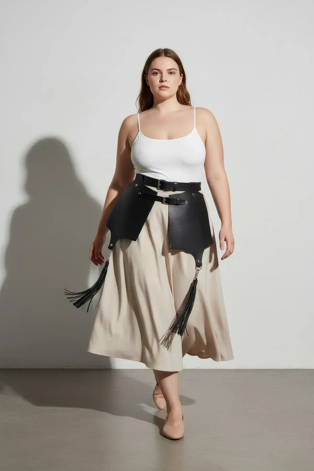 Plus Size Black Corset-Style Leather Belt with Tassel Skirt Detail
