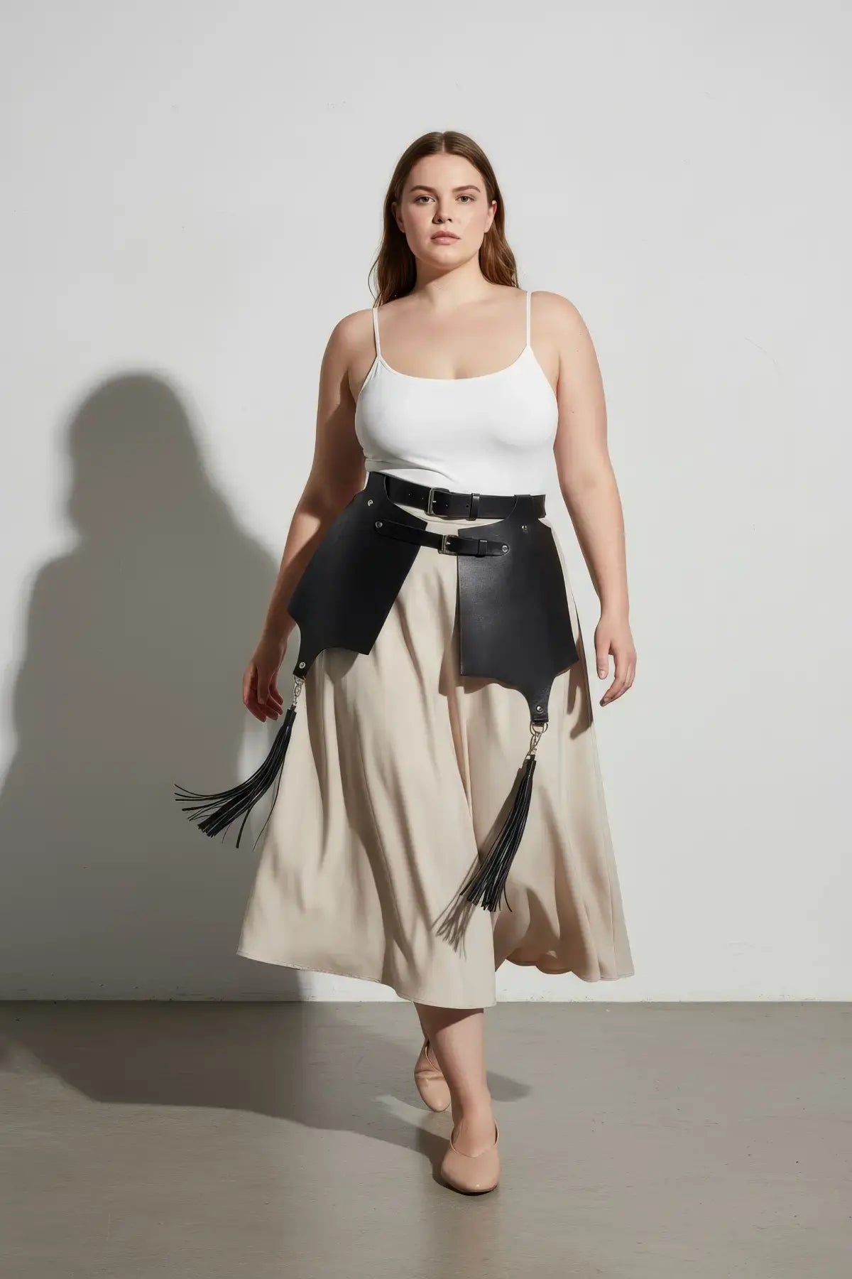 Plus Size Black Corset-Style Leather Belt with Tassel Skirt Detail