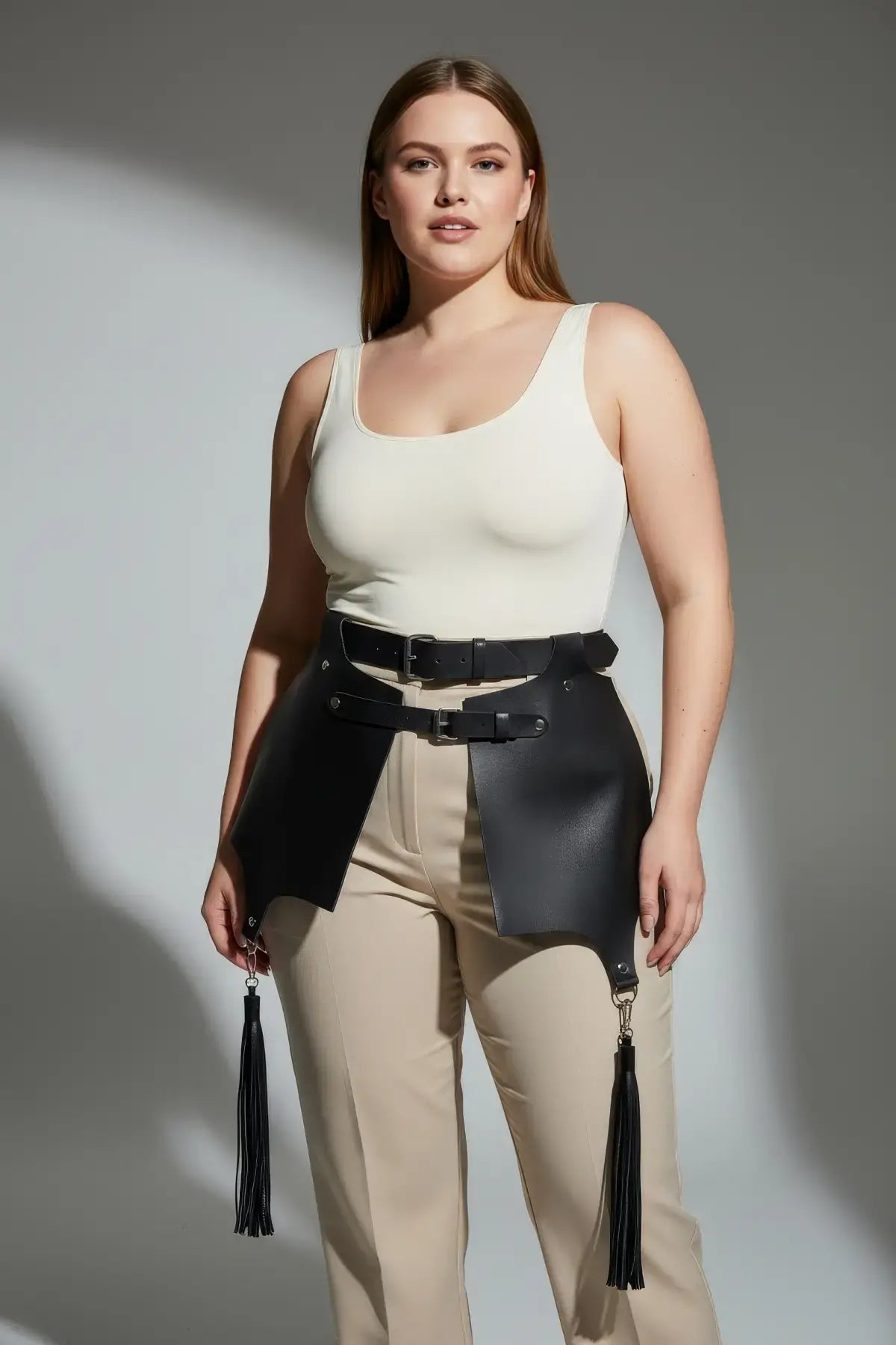 Plus Size Black Corset-Style Leather Belt with Tassel Skirt Detail