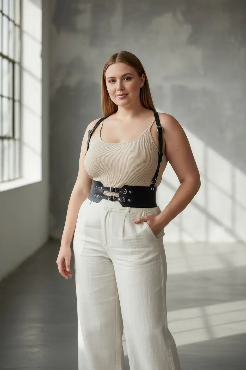 Plus Size Black Wide Corset-Look Shoulder-Strap Leather Belt