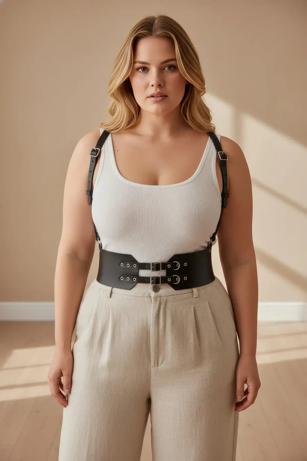 Plus Size Black Wide Corset-Look Shoulder-Strap Leather Belt