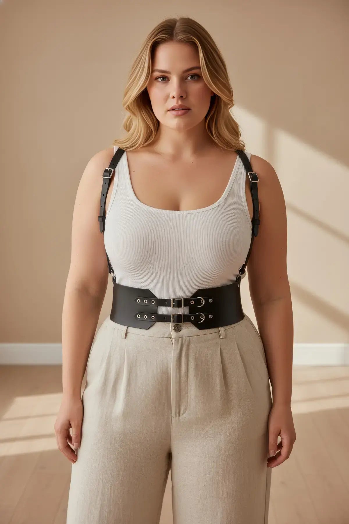 Plus Size Black Wide Corset-Look Shoulder-Strap Leather Belt