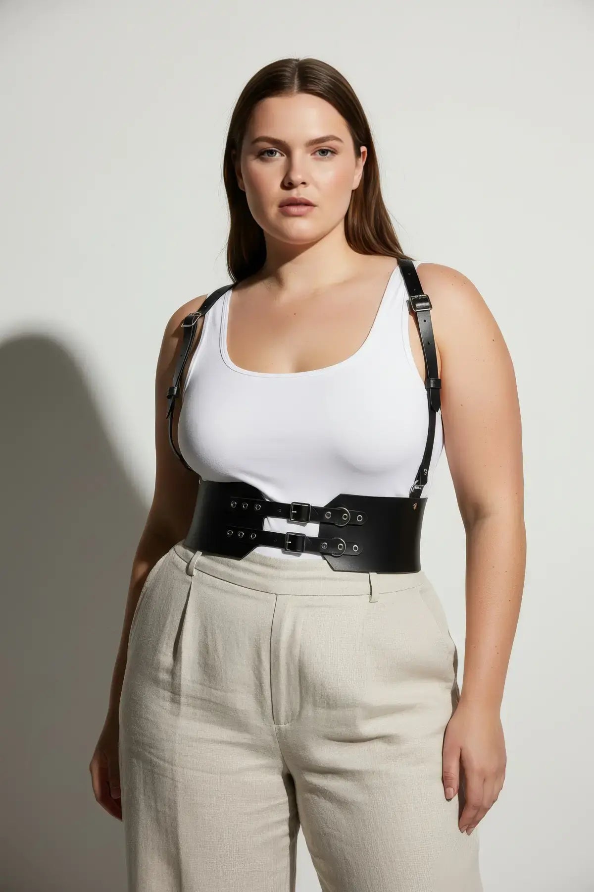 Plus Size Black Wide Corset-Look Shoulder-Strap Leather Belt