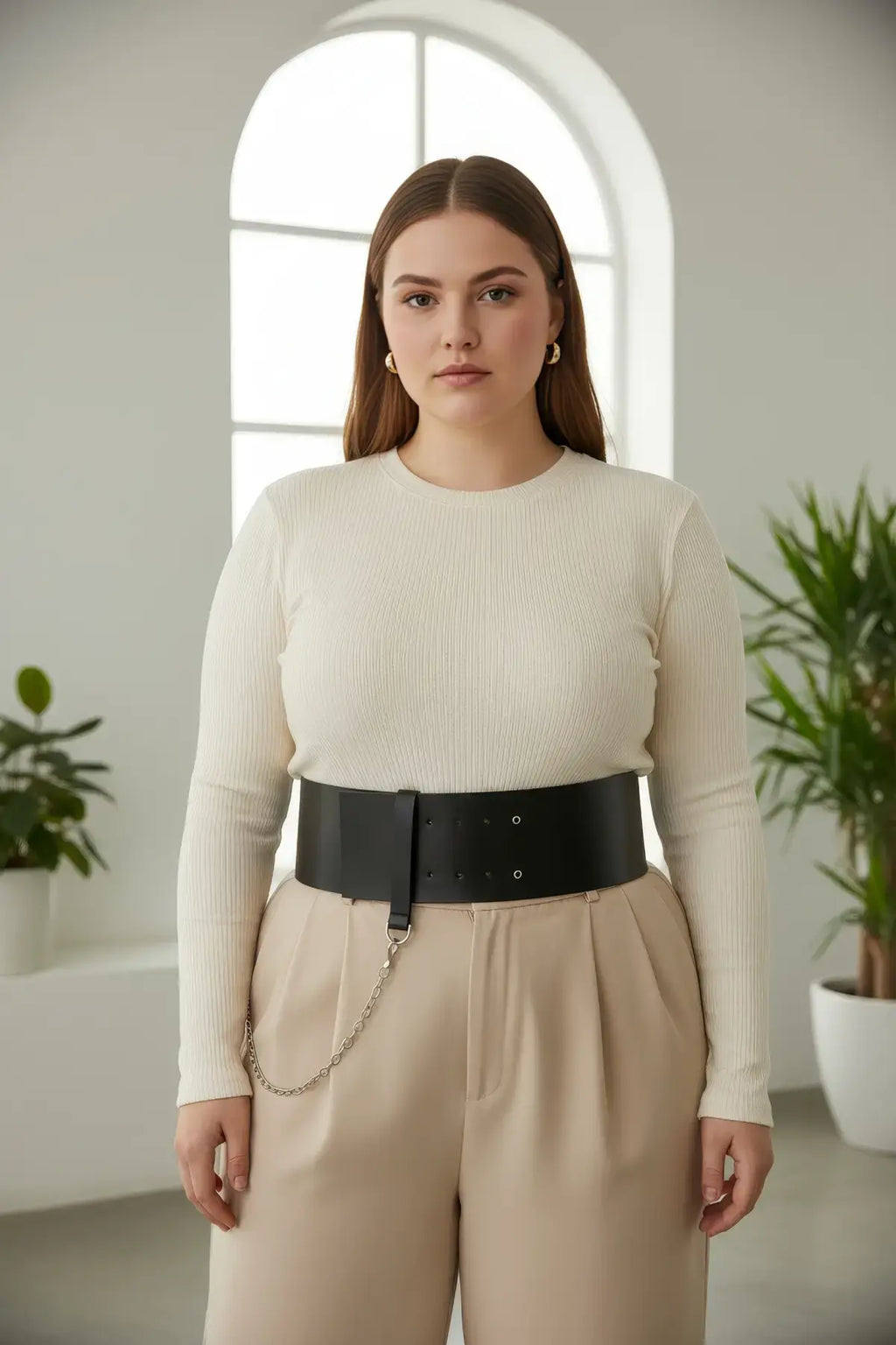 Plus Size Black Corset Belt with Chain Detail