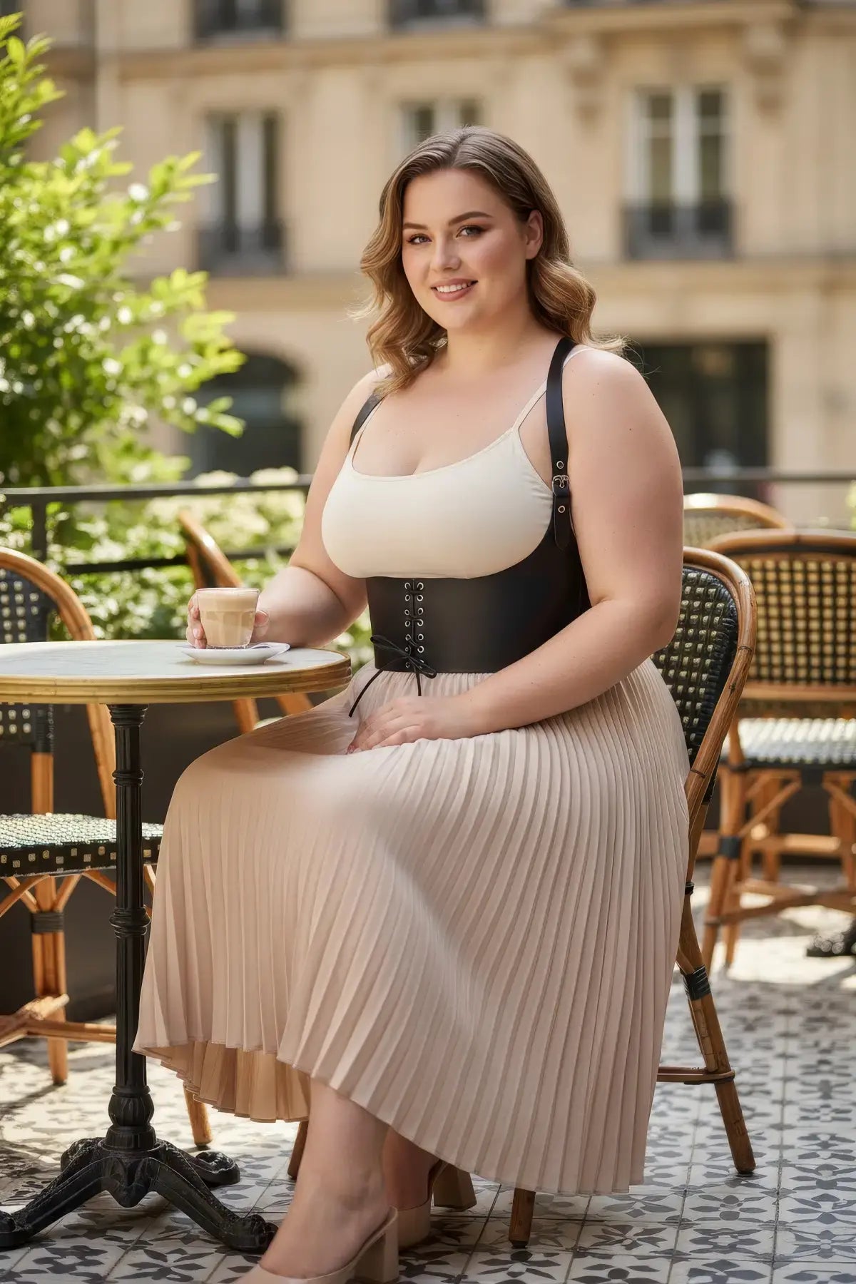 Plus Size Black Shoulder-Strap Lace-Up Corset-Detail Belt