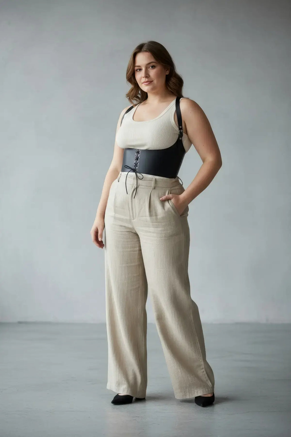 Plus Size Black Shoulder-Strap Lace-Up Corset-Detail Belt