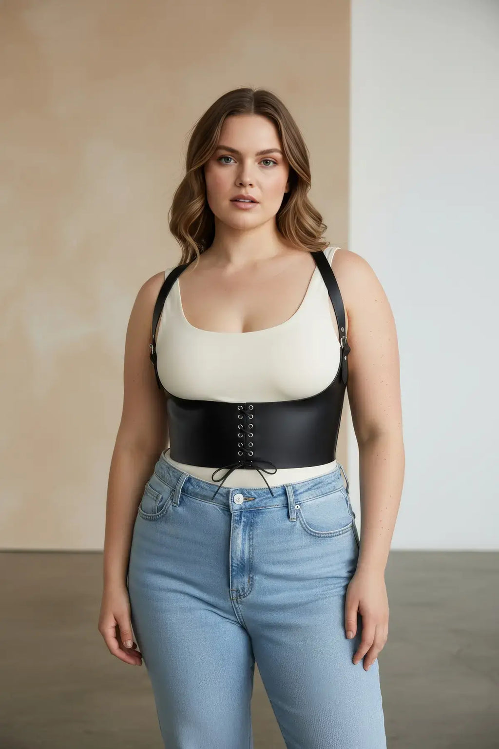 Plus Size Black Shoulder-Strap Lace-Up Corset-Detail Belt