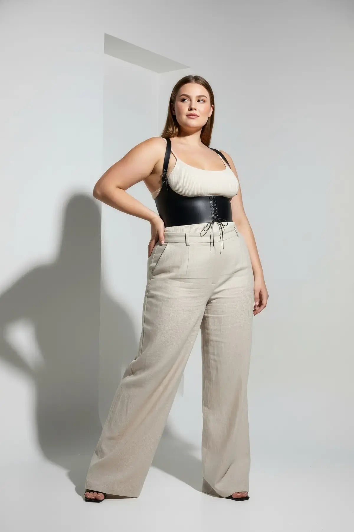 Plus Size Black Shoulder-Strap Lace-Up Corset-Detail Belt