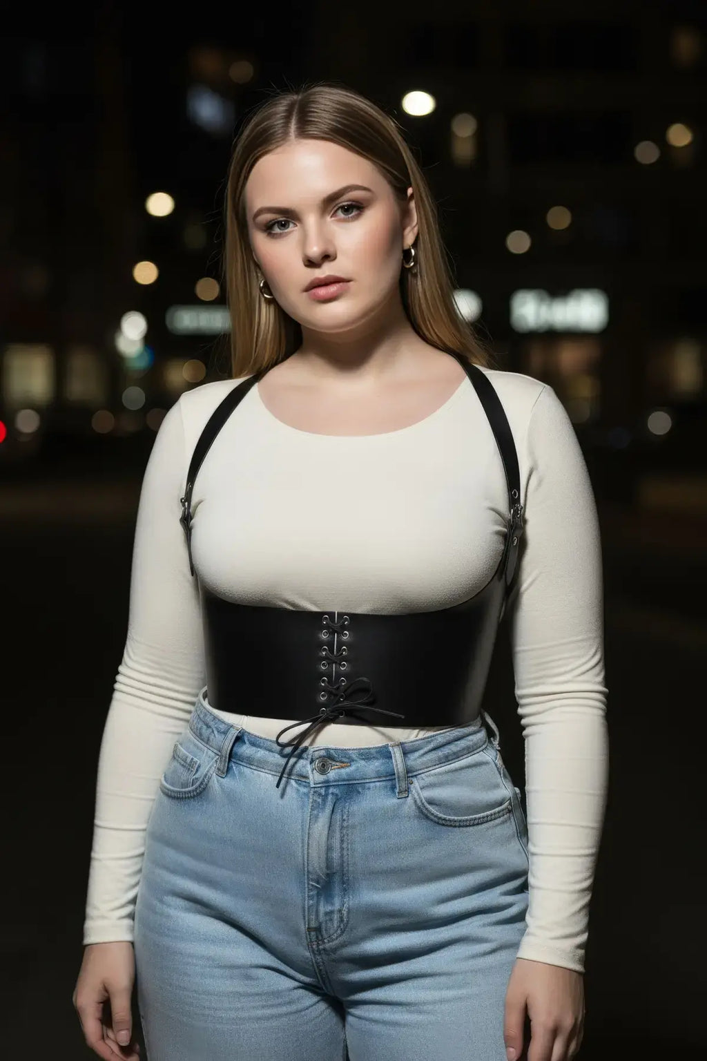 Plus Size Black Shoulder-Strap Lace-Up Corset-Detail Belt