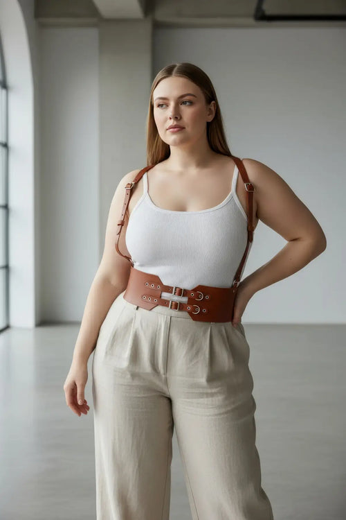 Plus Size Tan Strappy Corset-Style Double-Buckle Leather Belt