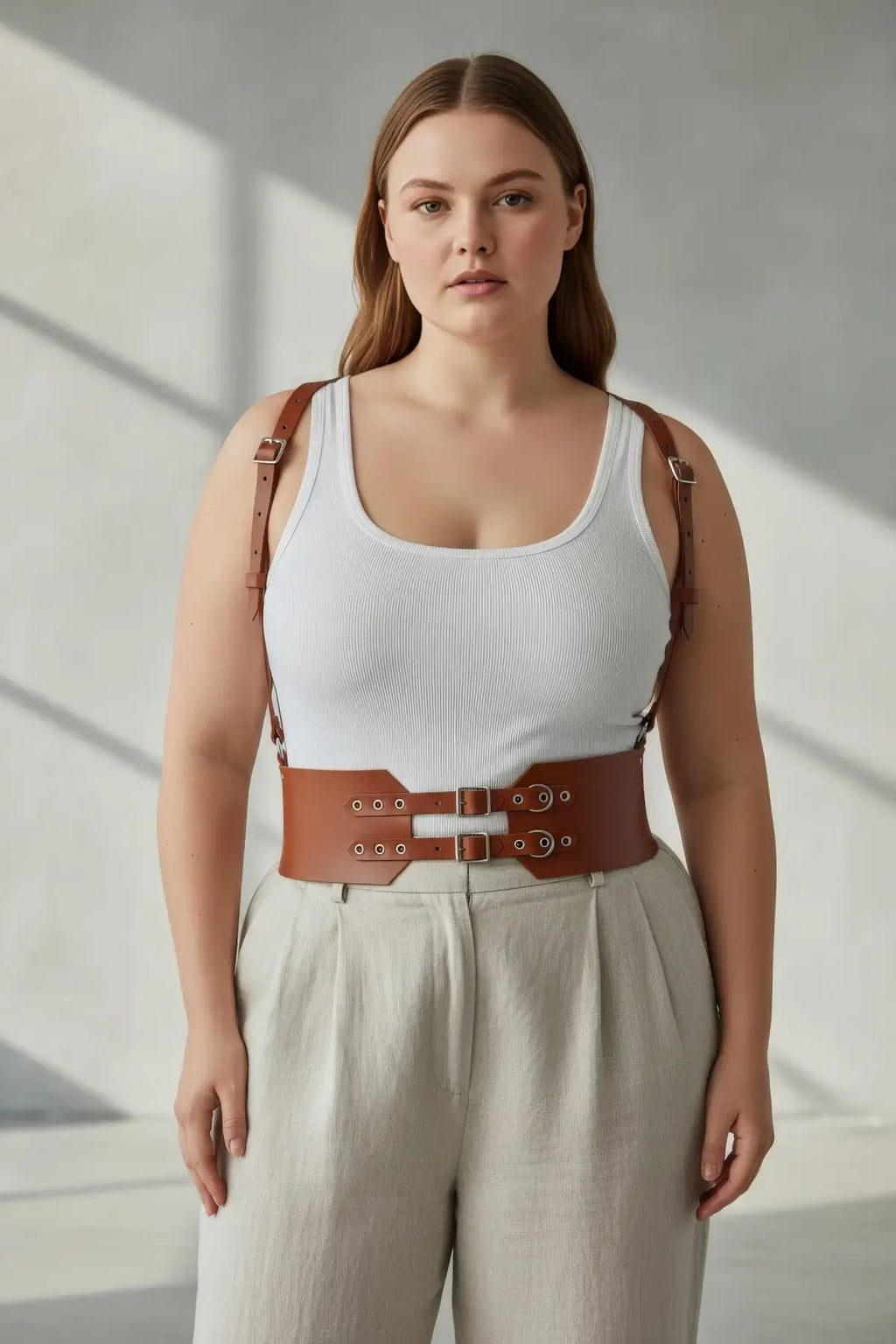 Plus Size Tan Strappy Corset-Style Double-Buckle Leather Belt