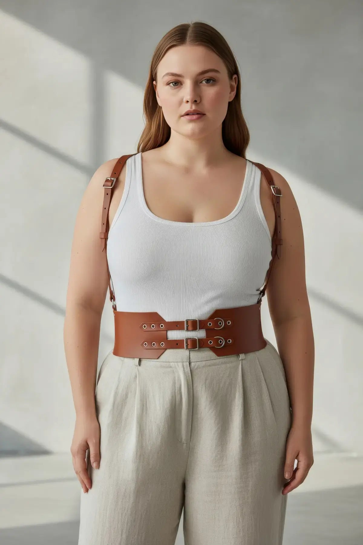 Plus Size Tan Strappy Corset-Style Double-Buckle Leather Belt