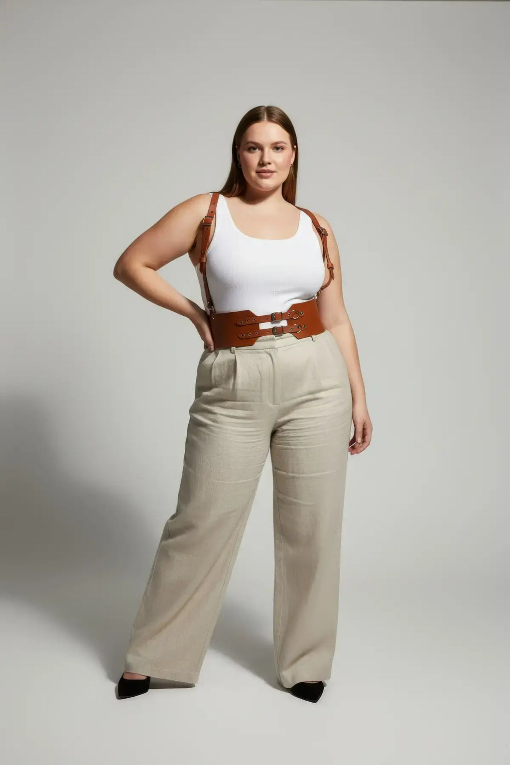 Plus Size Tan Strappy Corset-Style Double-Buckle Leather Belt