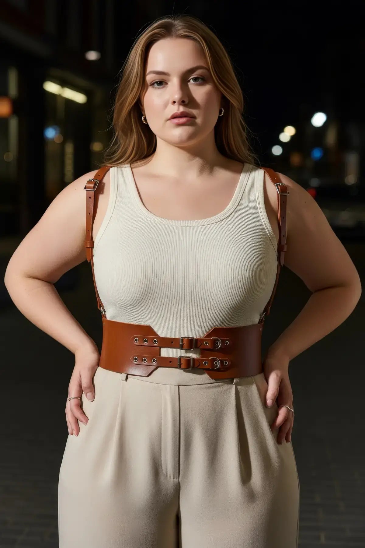 Plus Size Tan Strappy Corset-Style Double-Buckle Leather Belt