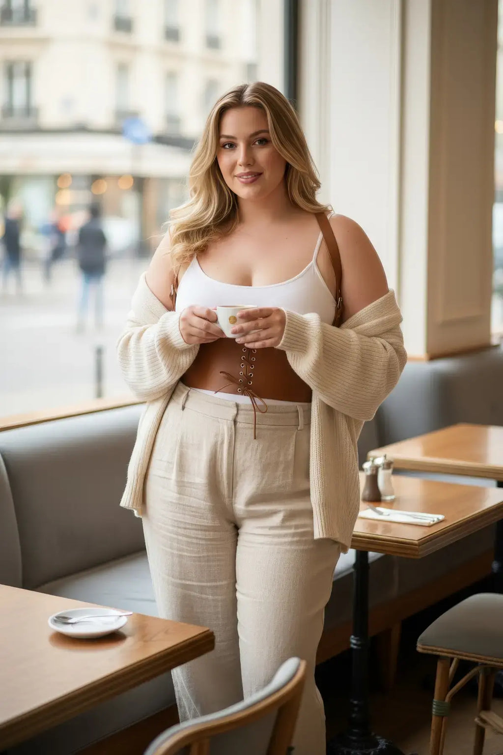 Plus Size Tan Shoulder-Strap Lace-Up Corset Leather Belt