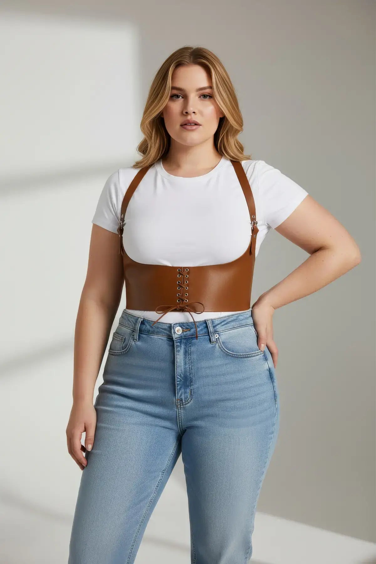 Plus Size Tan Shoulder-Strap Lace-Up Corset Leather Belt
