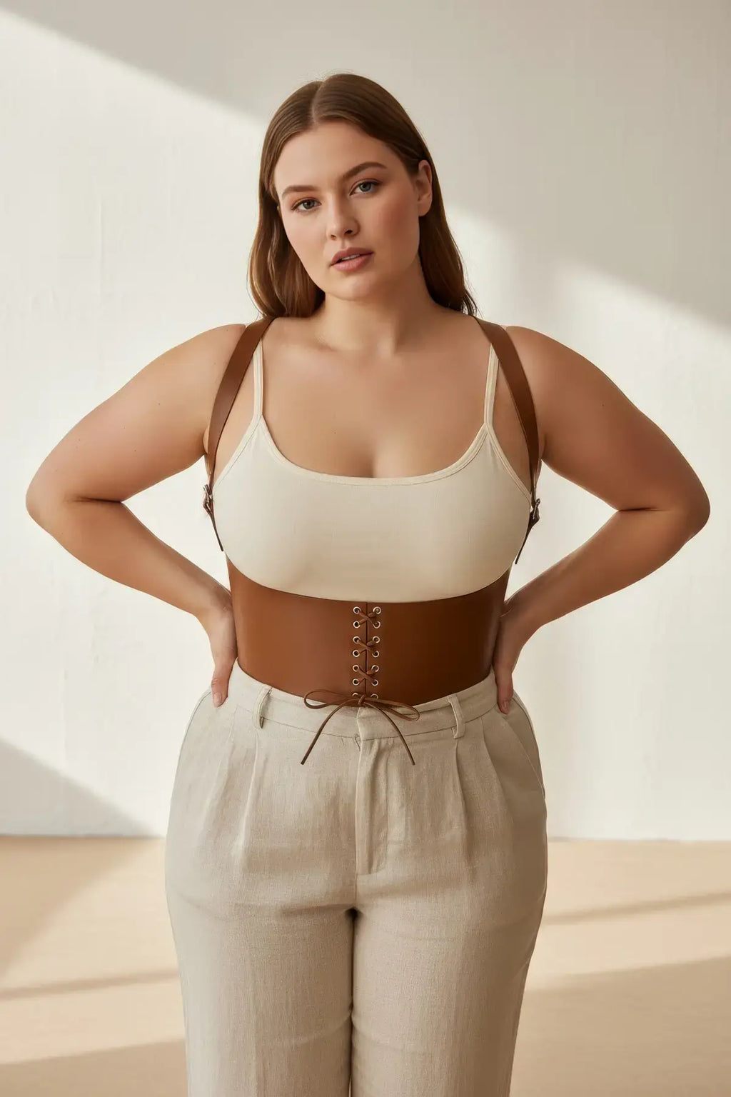 Plus Size Tan Shoulder-Strap Lace-Up Corset Leather Belt