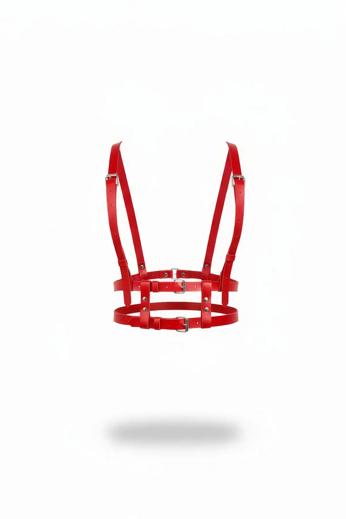 Cage Bralette Chest Harness by HarnessClub, red faux leather, multi-strap body accessory