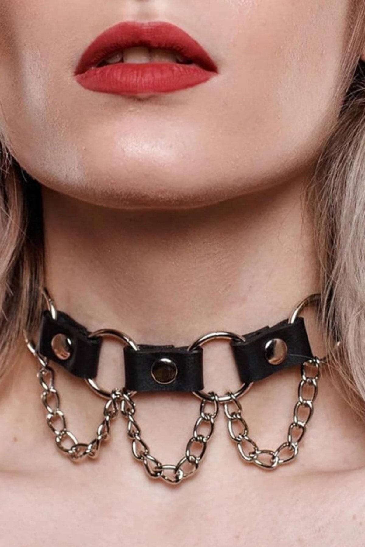 Chain And Ring Detailed Leather Choker Leash Lanyard Accessory