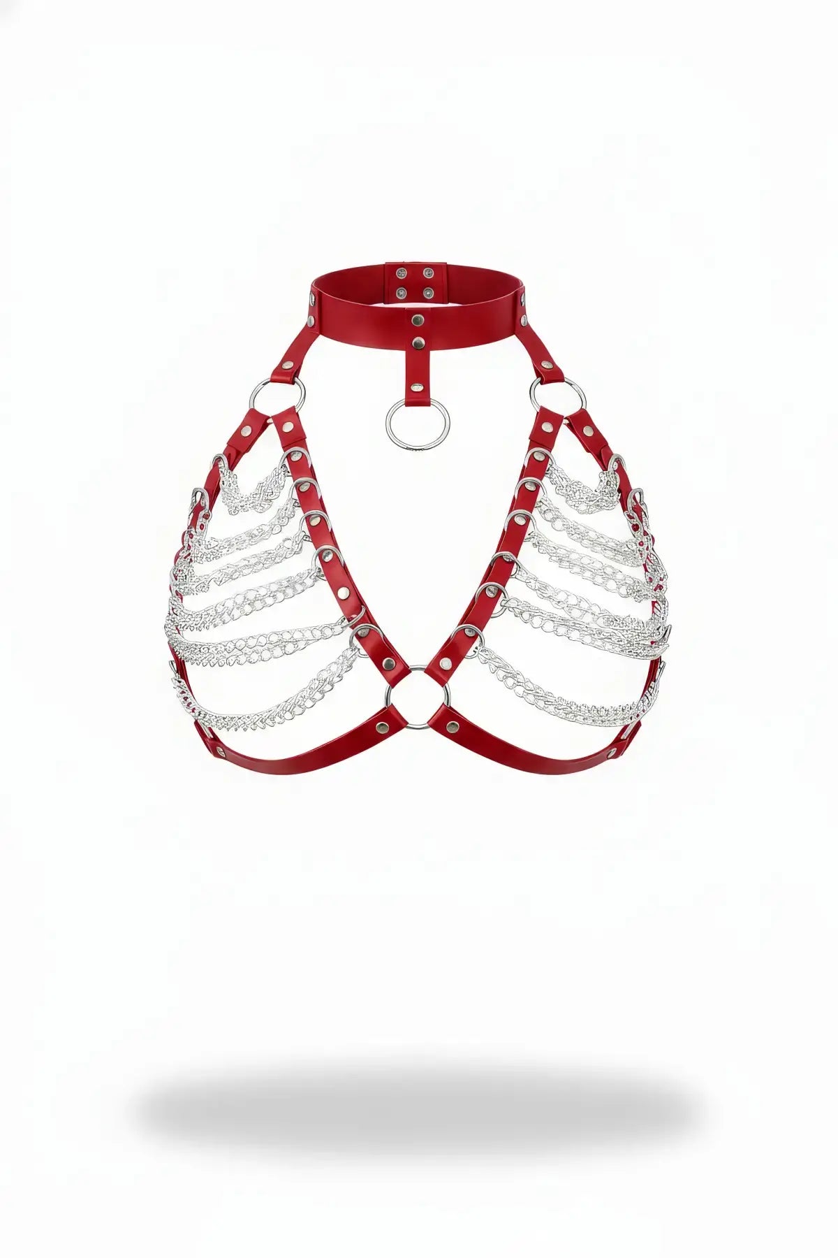 Chain Bralette Harness by HarnessClub; red leather straps with silver chain drapes and neck collar.