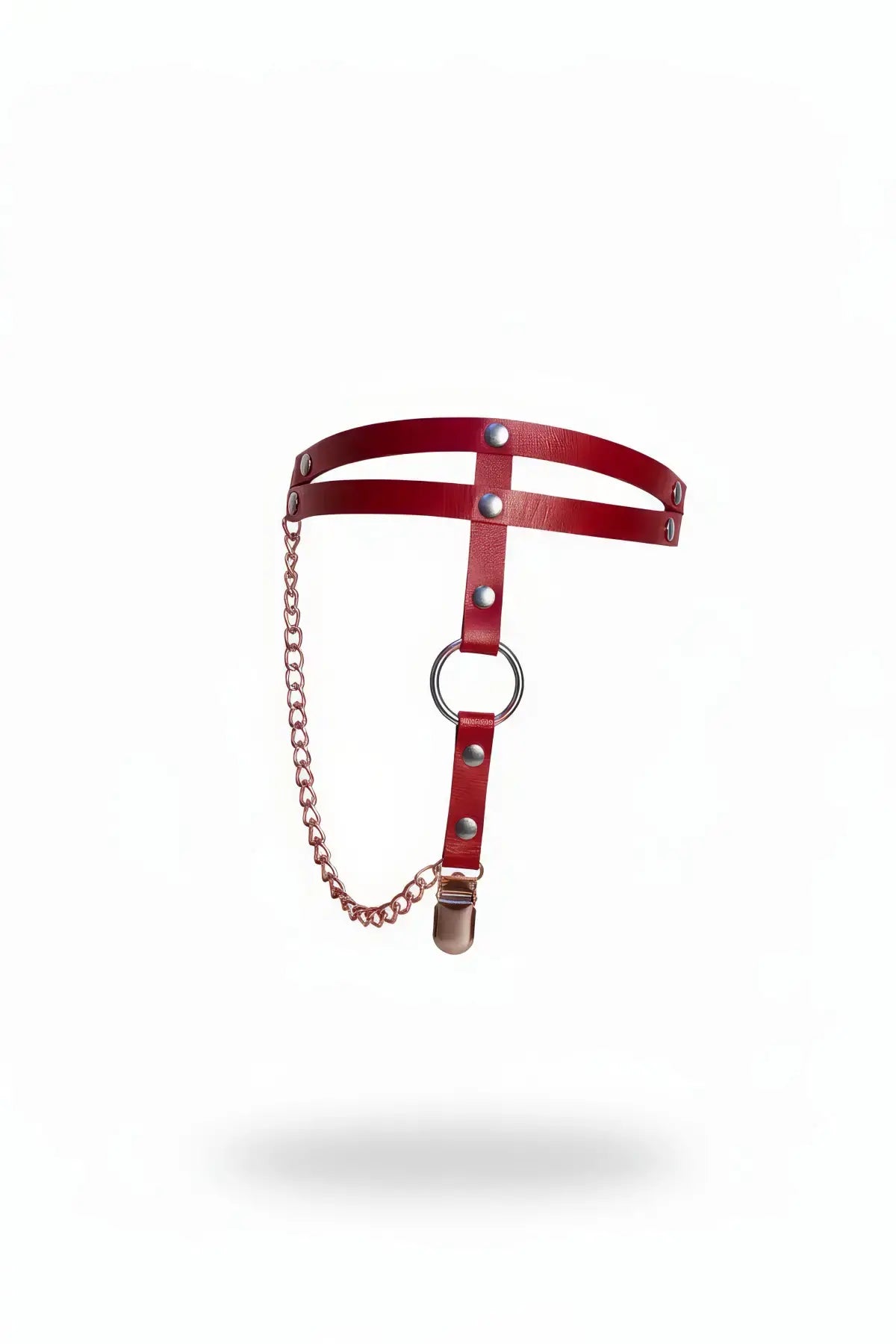 Chain-Clip Garter Thigh Harness by HarnessClub, red faux leather two-band design with rivets, O-ring, and chain