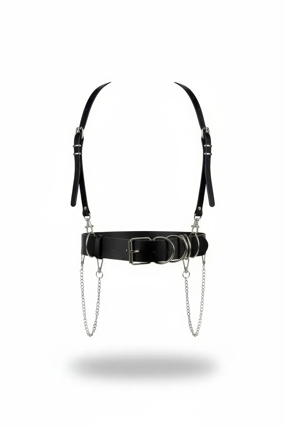 HarnessClub Chain-Drop Waist Harness in black faux leather with arched shoulder straps, O-ring belt and dangling chains