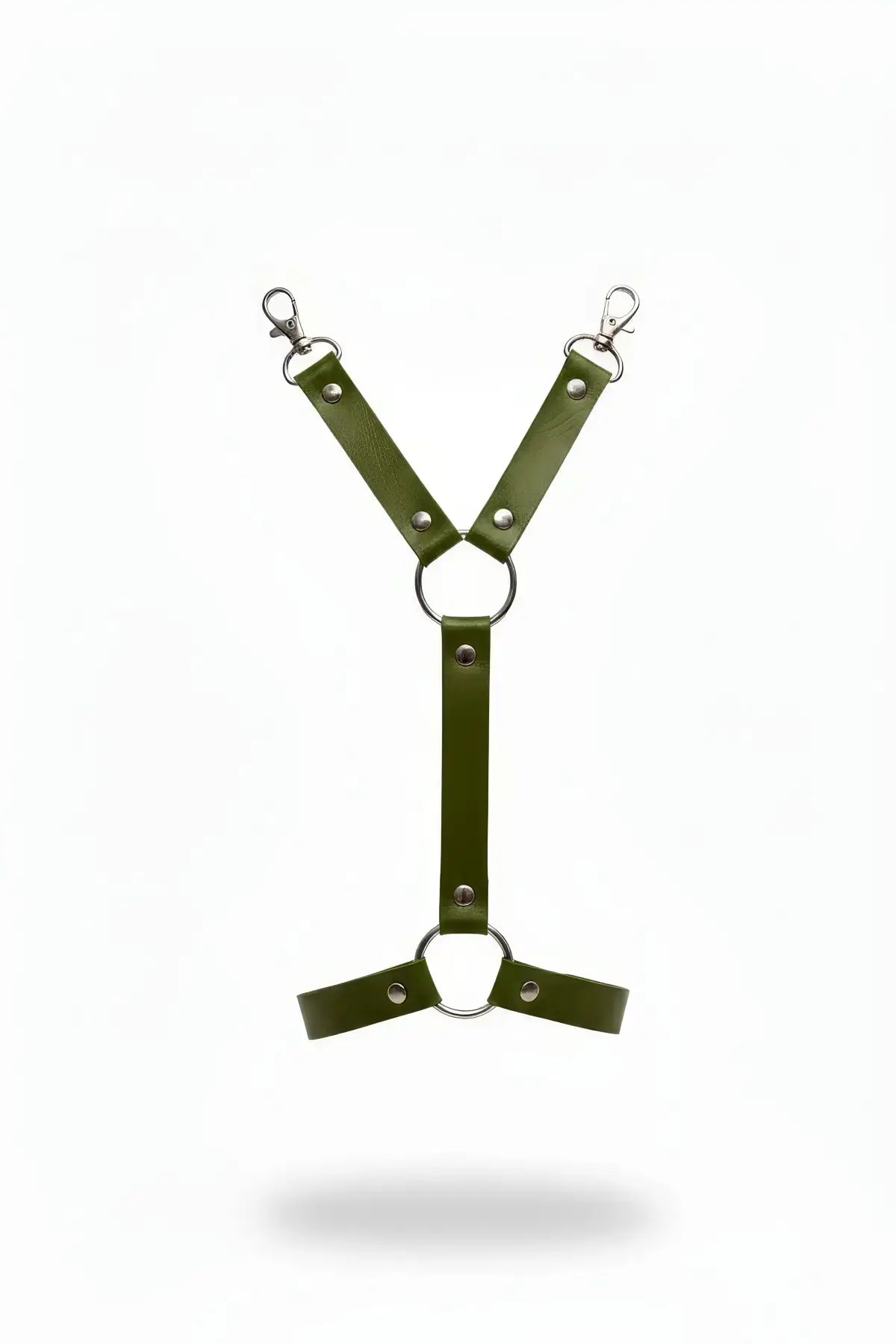 HarnessClub Haki jartiyer harness; klipsli ayarlanabilir bacak aksesuarı, yeşil deri görünümlü kayışlar ve metal halkalar
