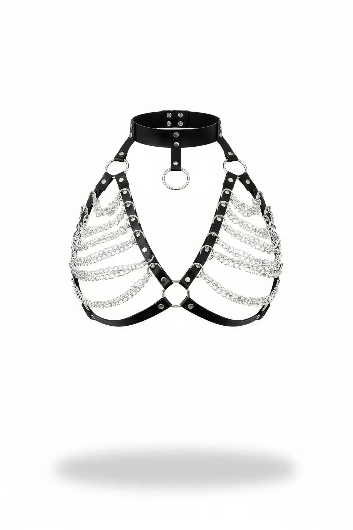 Collar Chain Bralette Harness by HarnessClub; black leather with silver multi-row chains