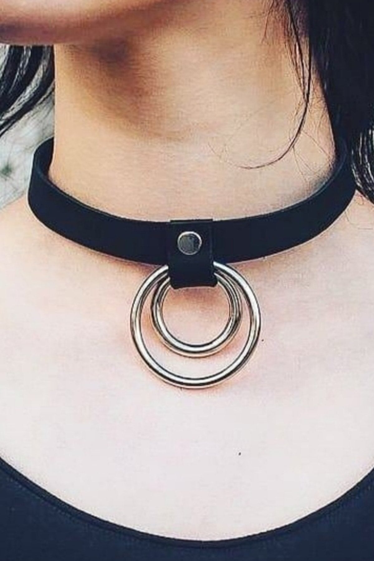 Elegant Leather Choker With Slim Stripe Ring Detailed Adjustment