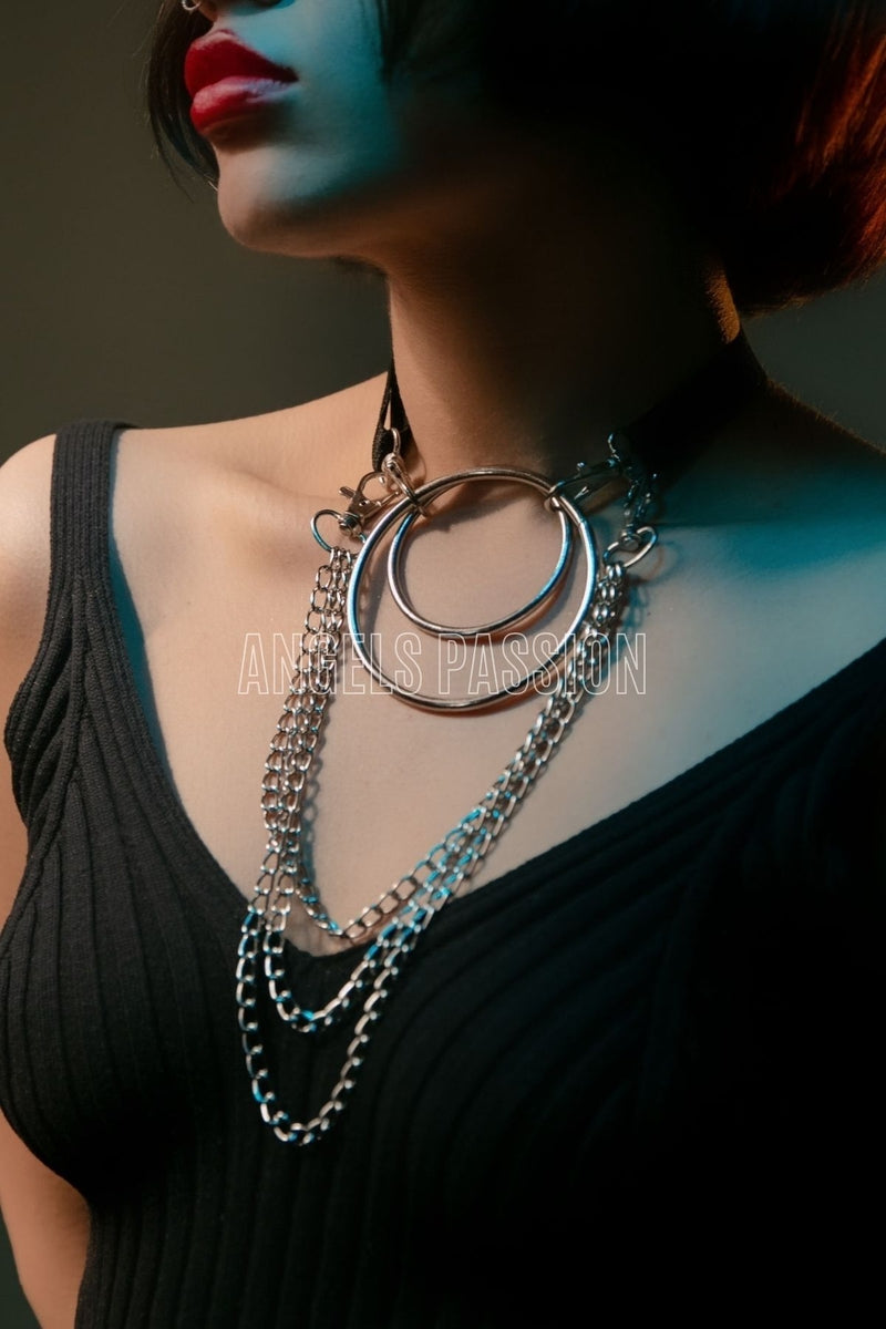 Harness Necklace, Stylish Rubber Choker Harness, Ring Detailed Leash