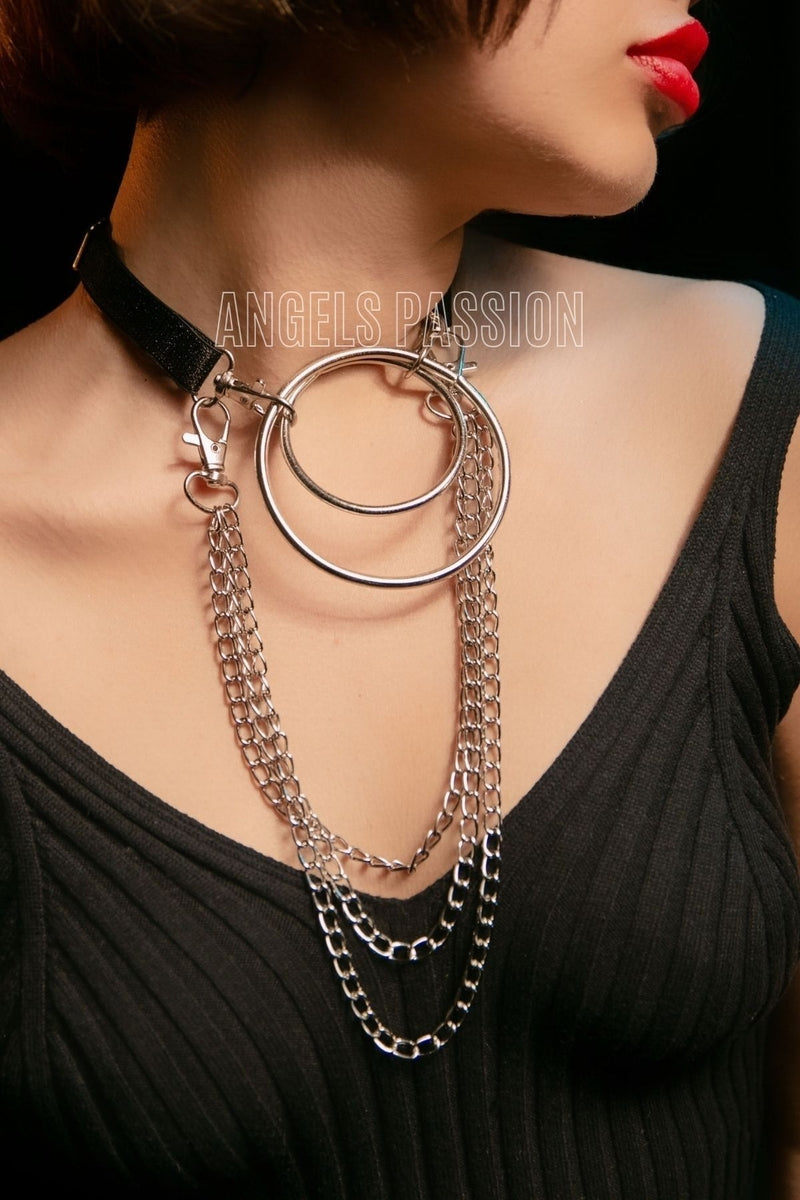 Harness Necklace, Stylish Rubber Choker Harness, Ring Detailed Leash