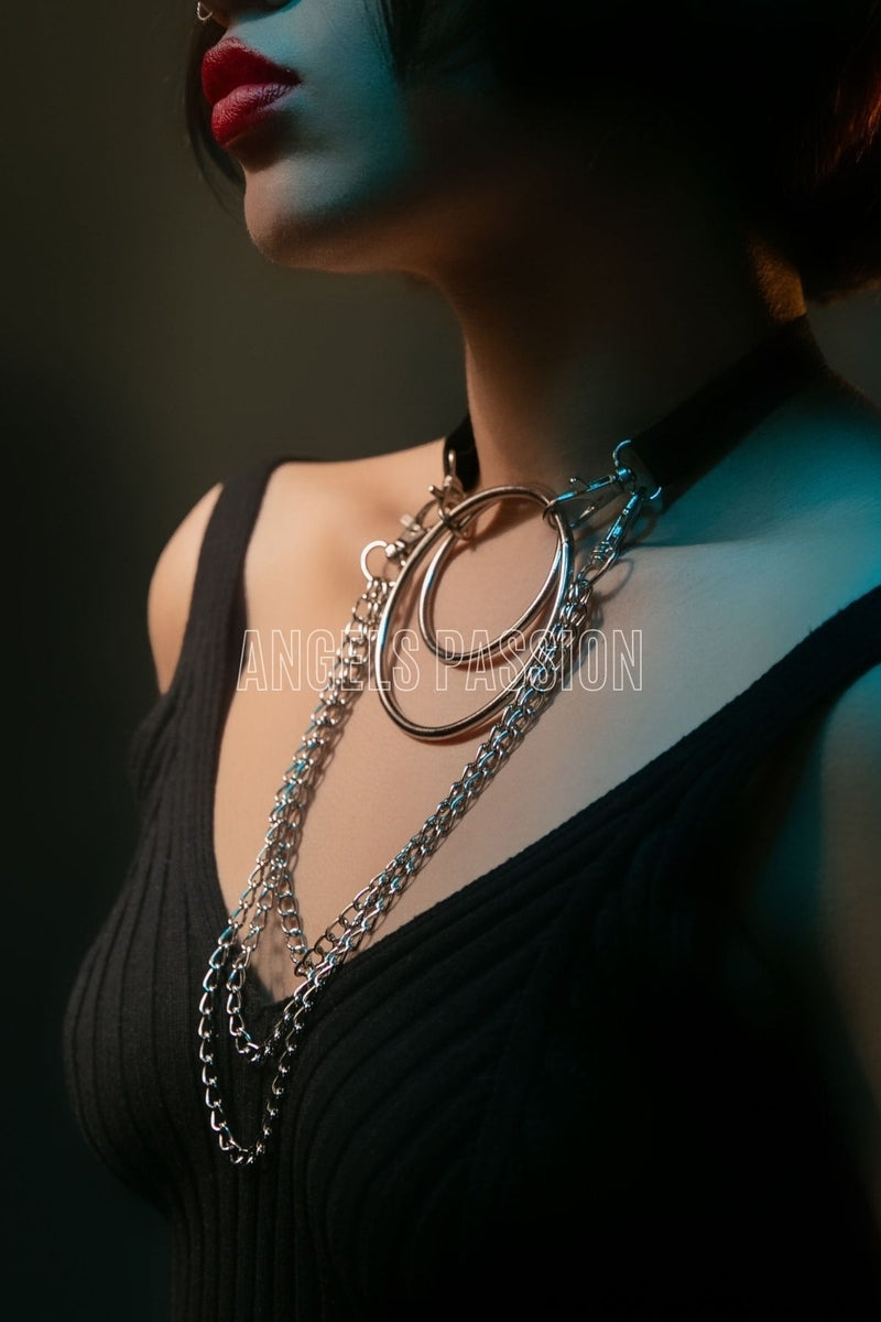 Harness Necklace, Stylish Rubber Choker Harness, Ring Detailed Leash
