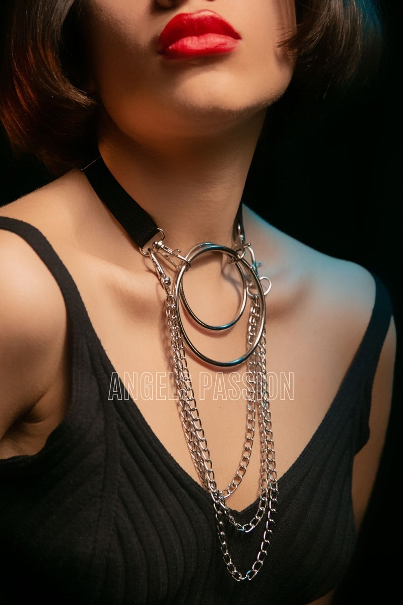 Harness Necklace, Stylish Rubber Choker Harness, Ring Detailed Leash