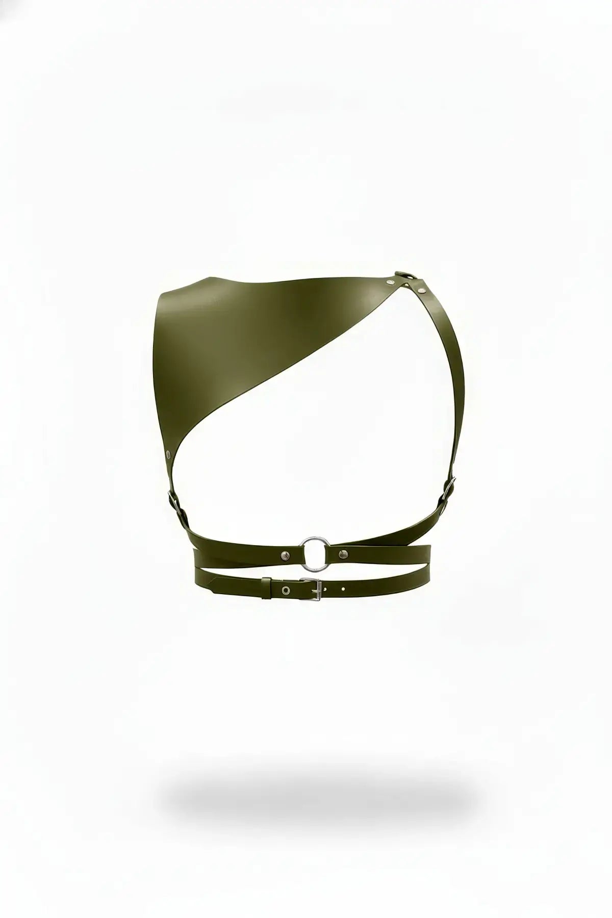 HarnessClub khaki vegan leather asymmetric shoulder panel harness with ring detail and waist straps