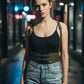 Khaki vegan leather waist cincher belt with dual buckle straps on model
