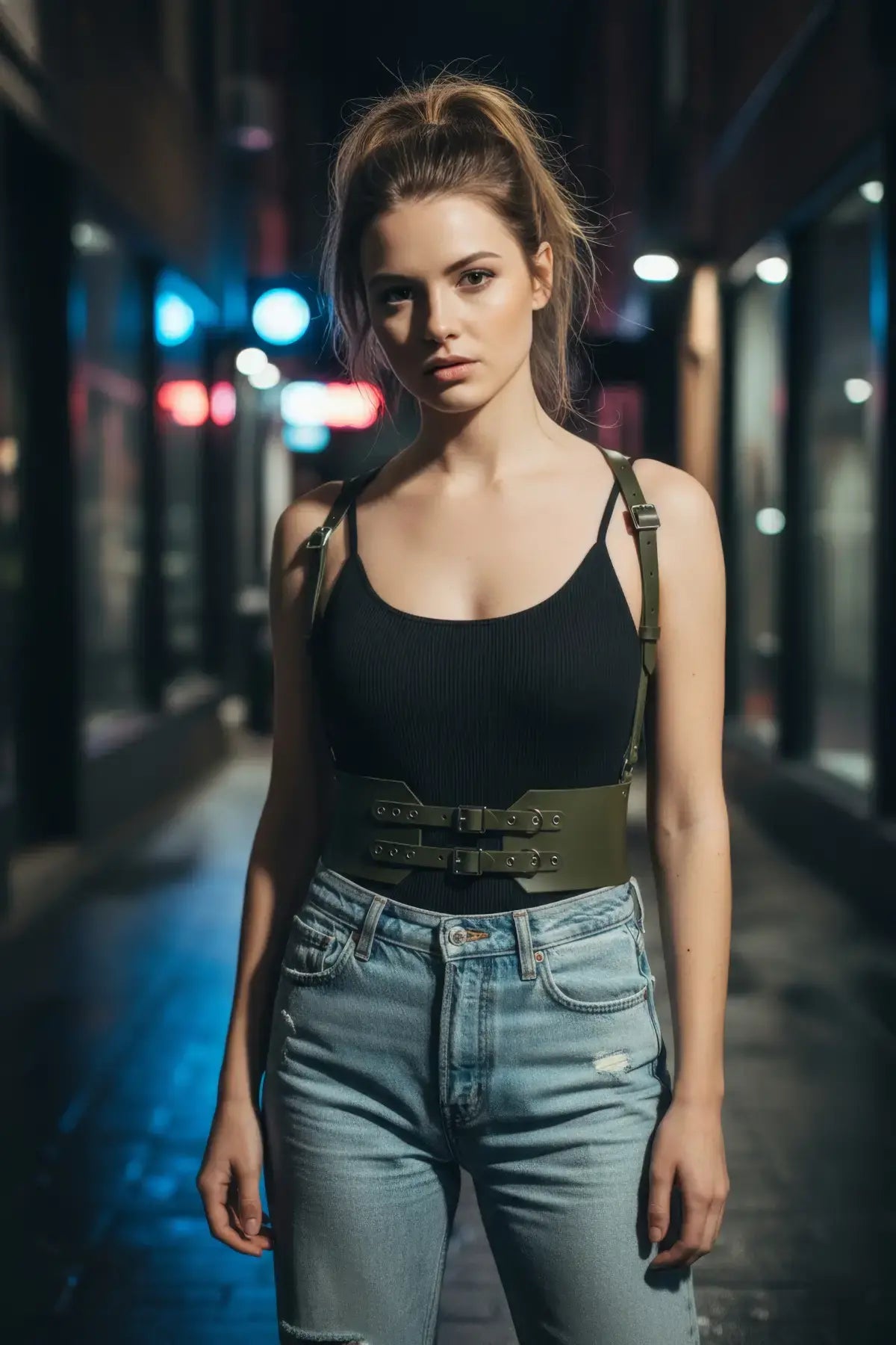 Khaki vegan leather waist cincher belt with dual buckle straps on model