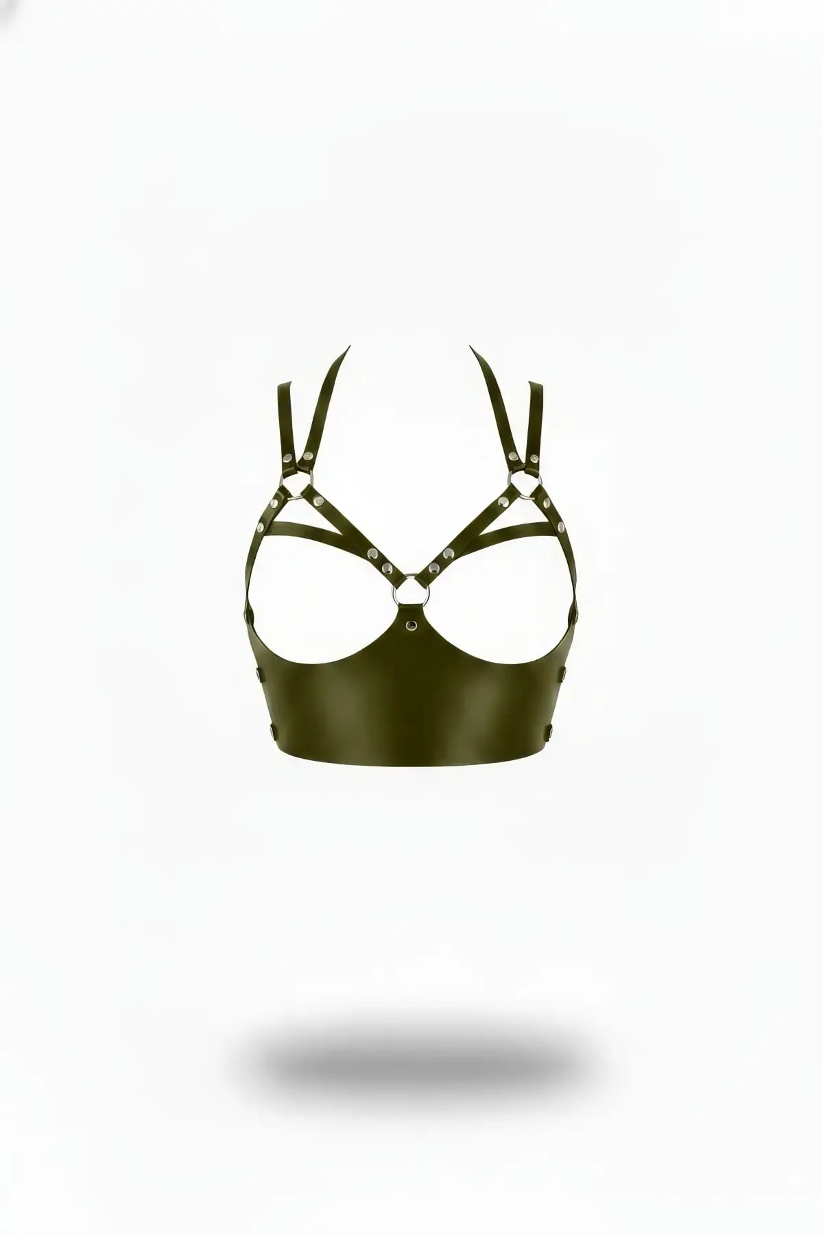 Khaki vegan leather caged bustier by HarnessClub with riveted strap detailing