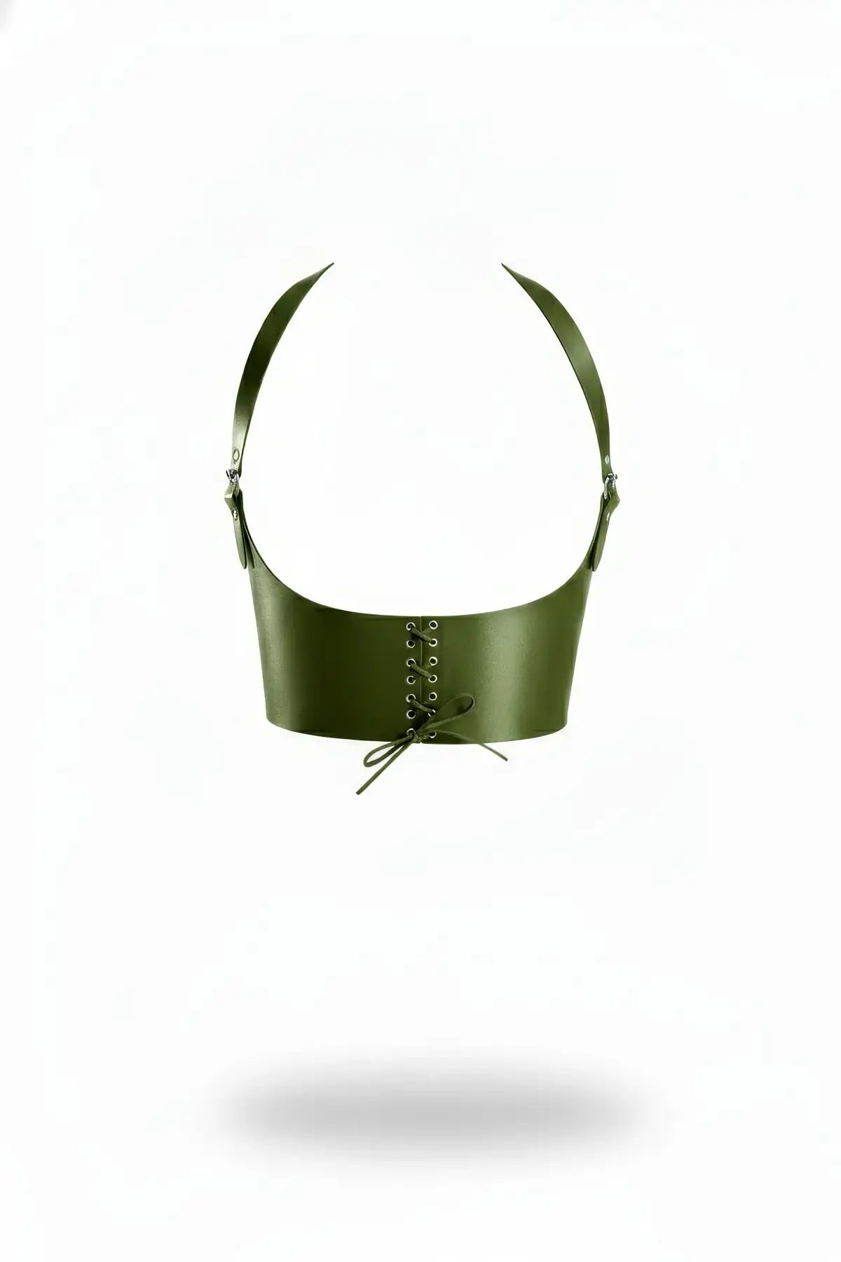 Khaki vegan leather halter underbust corset bustier with lace-up front, HarnessClub