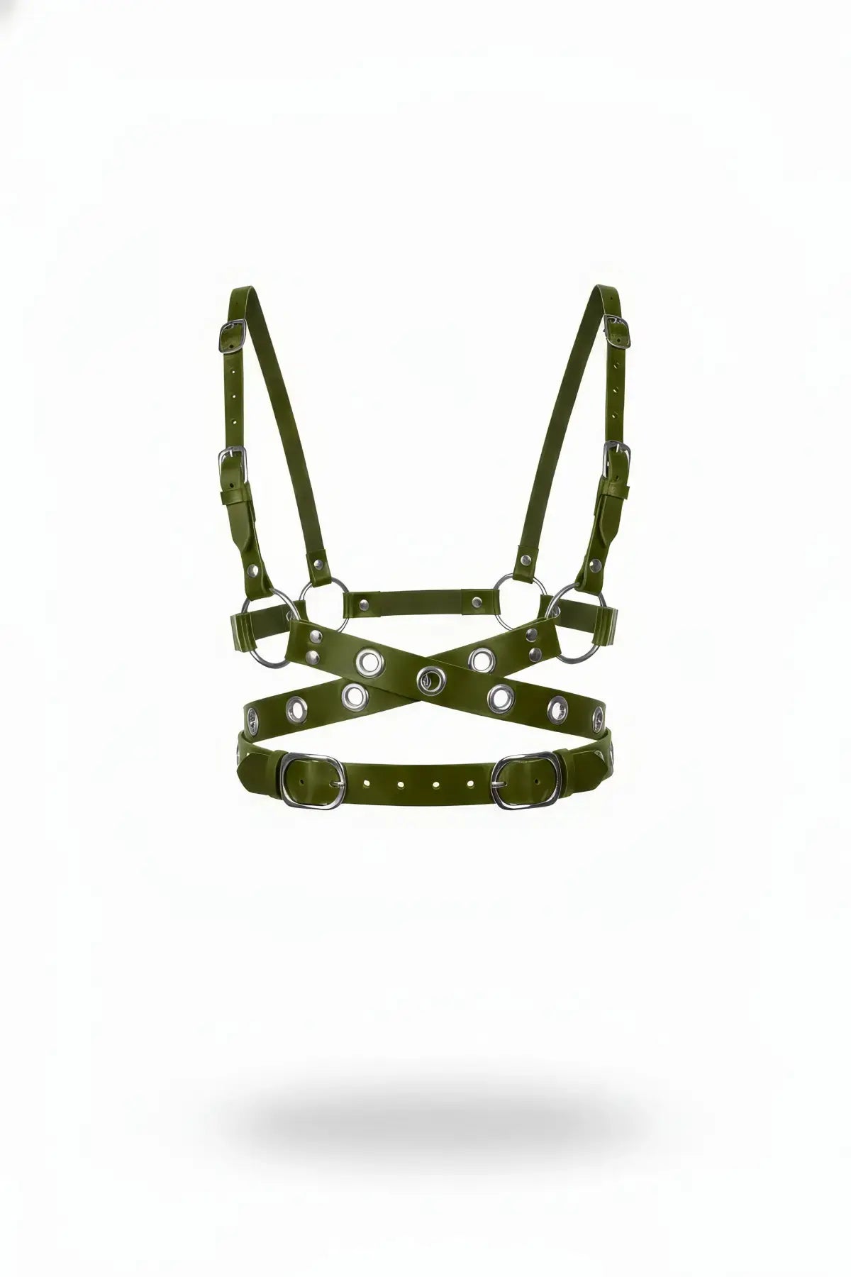 HarnessClub khaki vegan-leather cross-strap chest harness with silver hardware