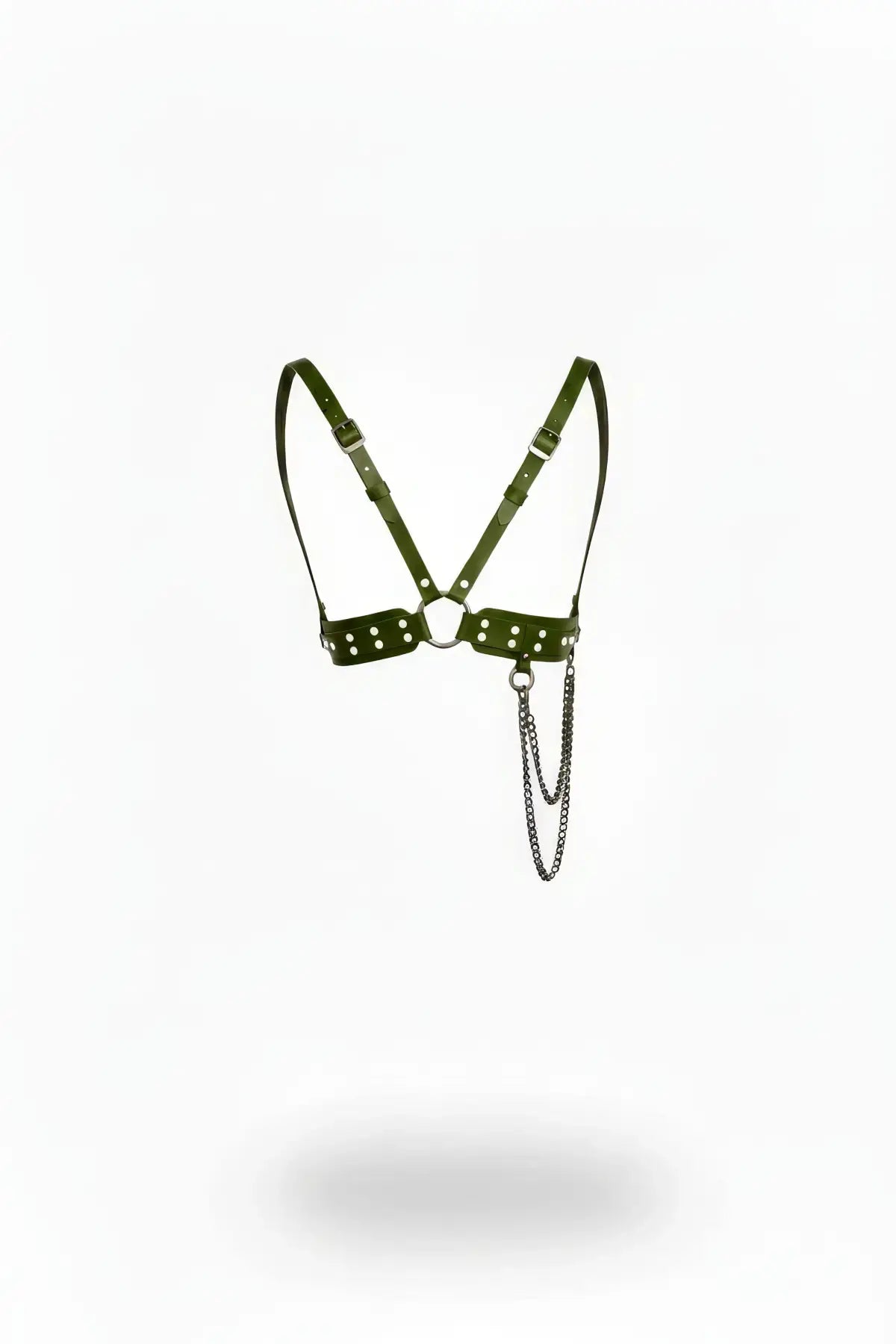 HarnessClub khaki vegan leather chest harness with studded V-frame and chain drop
