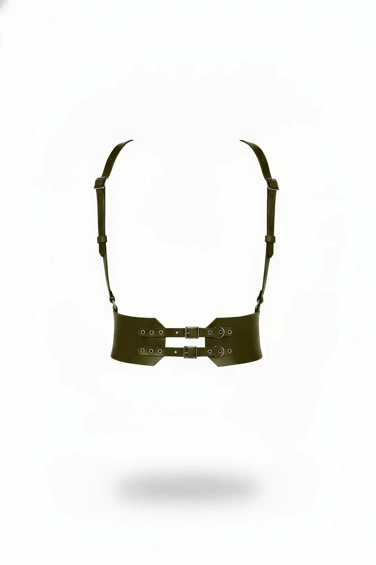 HarnessClub khaki vegan leather underbust corset belt with two front buckles and shoulder straps