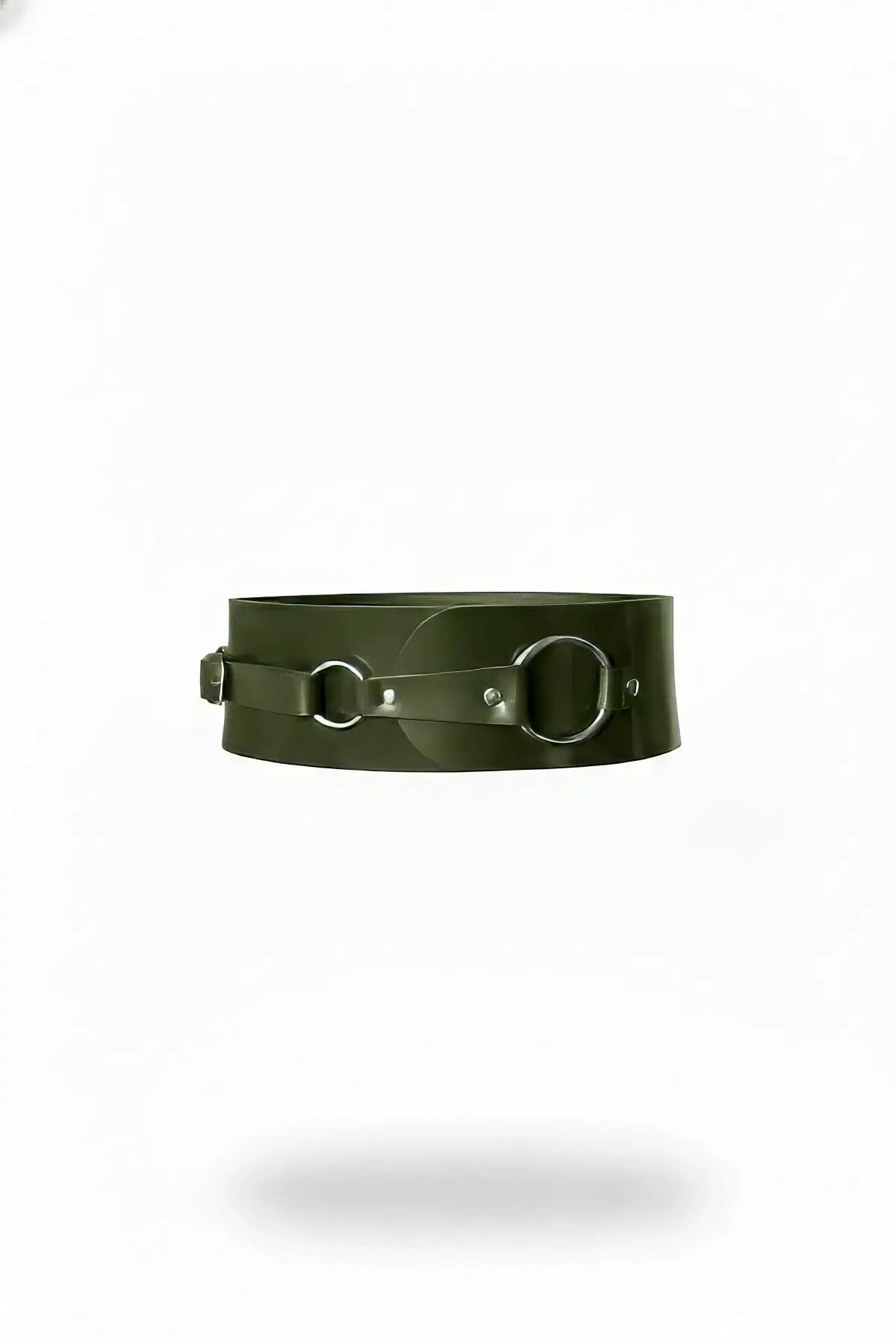 Khaki wide O-ring corset waist belt in vegan leather by HarnessClub with metal hardware
